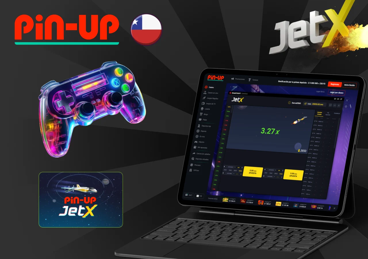 Pantalla del juego de casino JetX en Pin-Up Chile con multiplicador de 3.27x y apuesta de $5.00